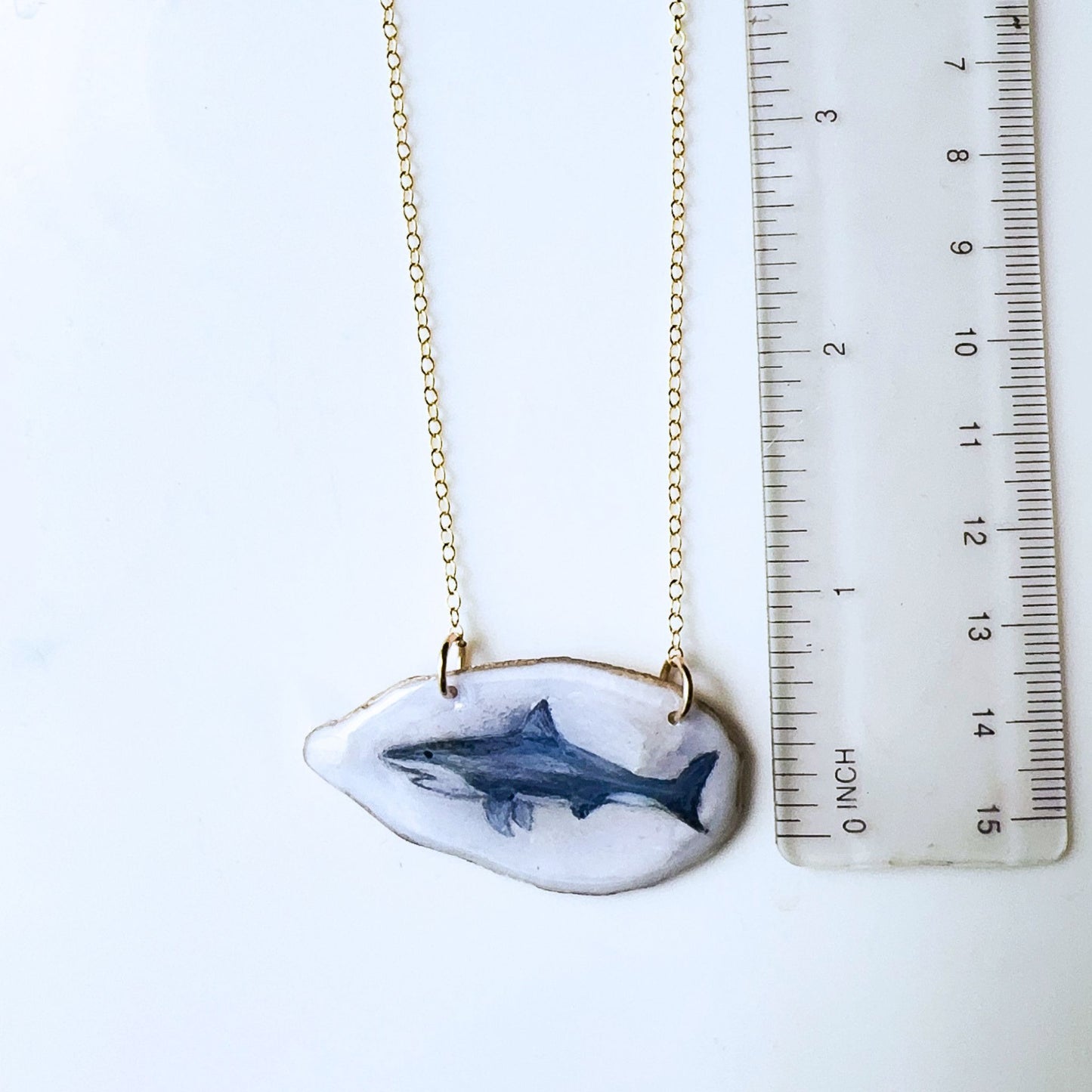 One‑of‑a‑Kind Hand‑Painted Oyster Shell Necklace – Shark Motif