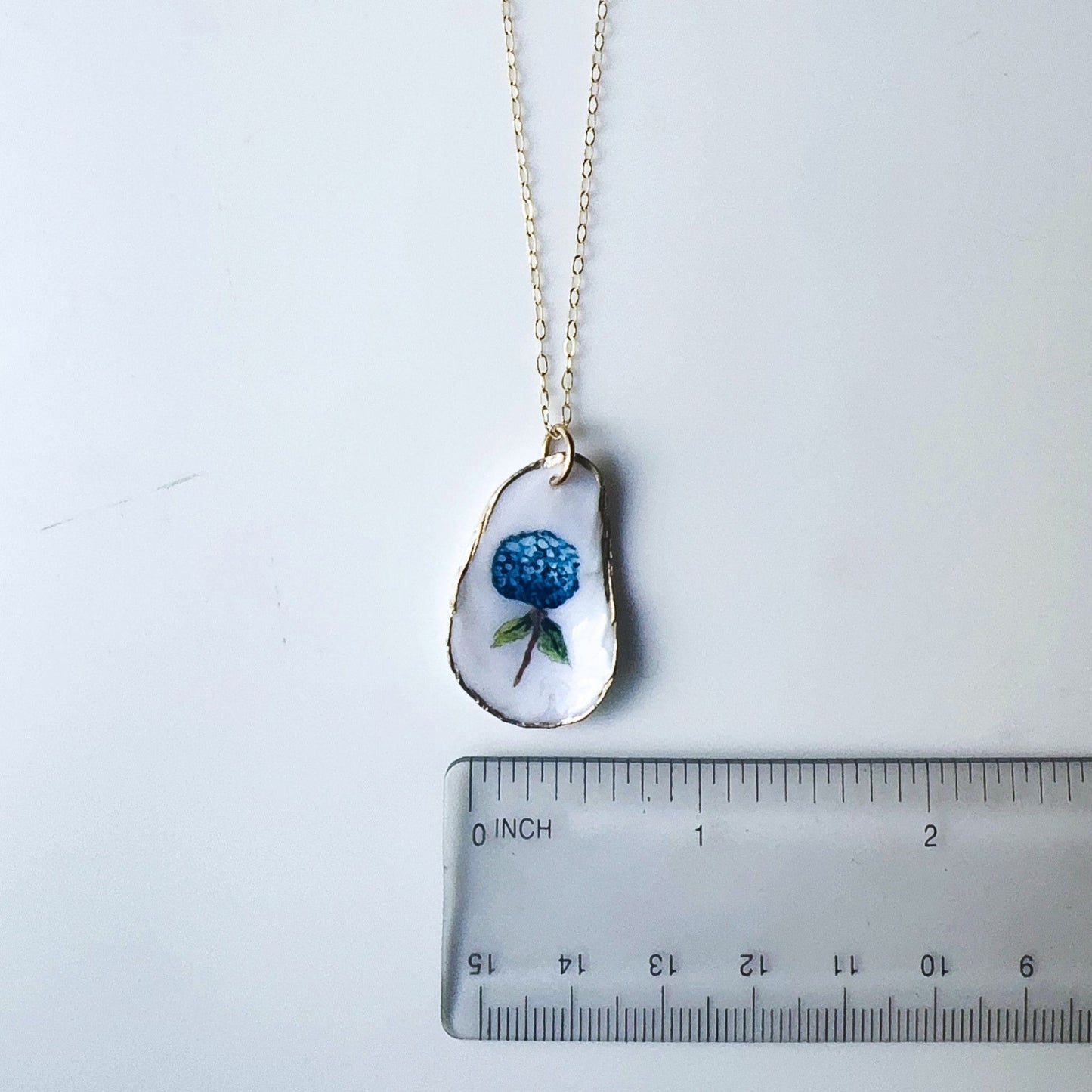 One‑of‑a‑Kind Hand‑Painted Oyster Shell Necklace – Hydrangea Motif