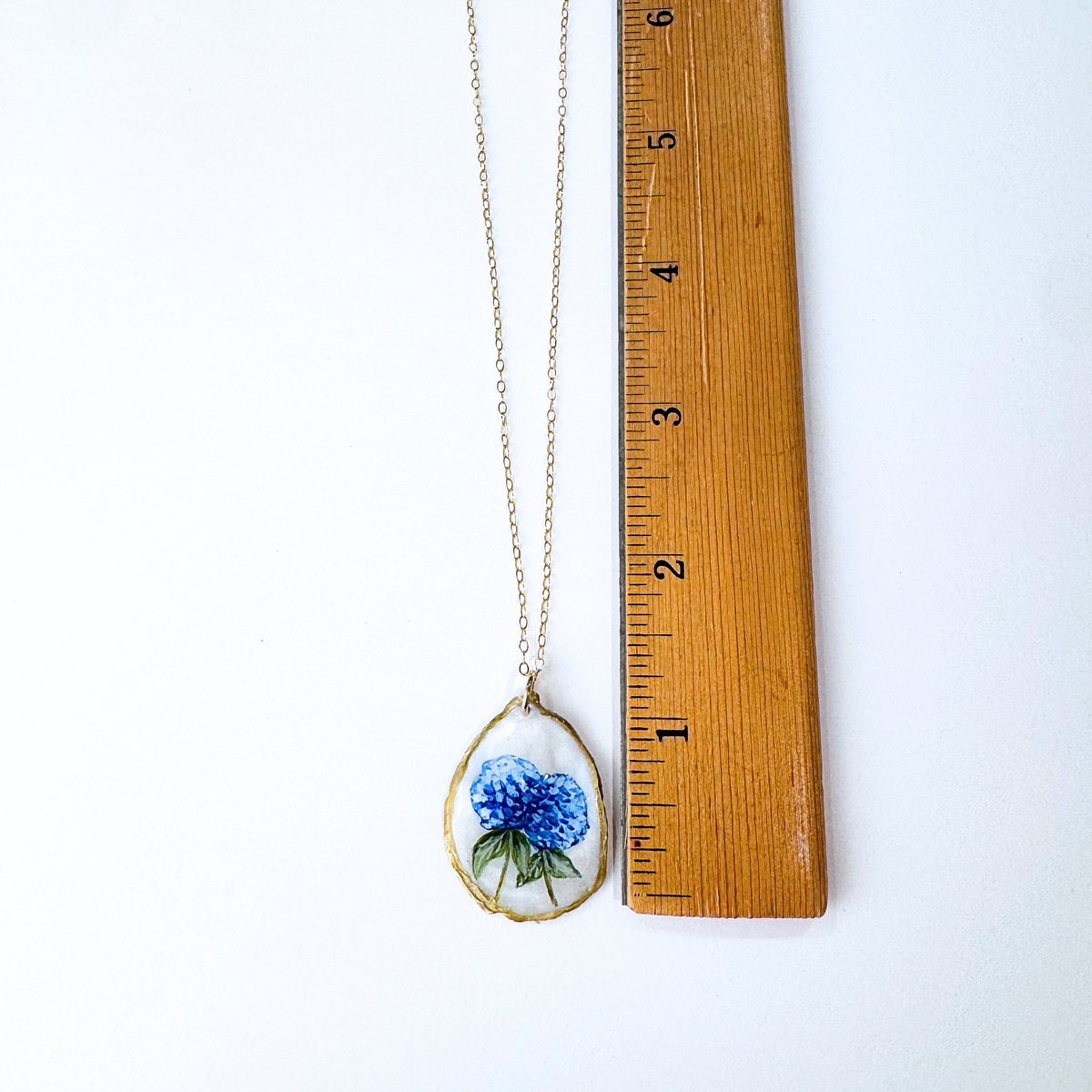 One-of-a-Kind Hand-Painted Oyster Shell Necklace - Hydrangea Motif