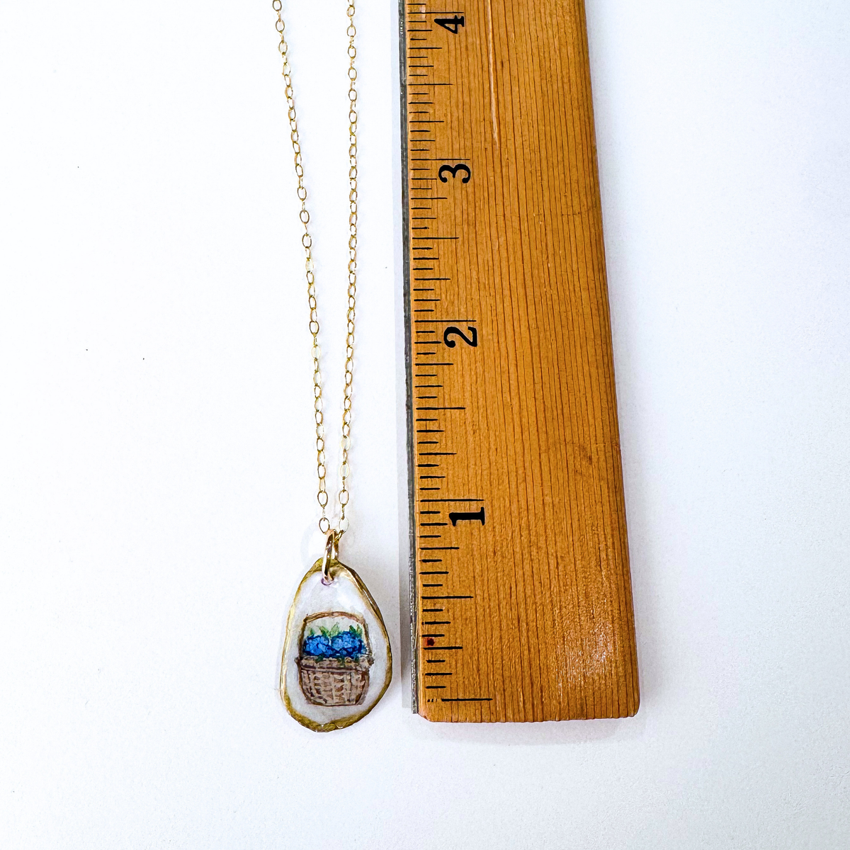 One-of-a-Kind Hand-Painted Oyster Shell Necklace - Nantucket Hydrangea Basket Motif
