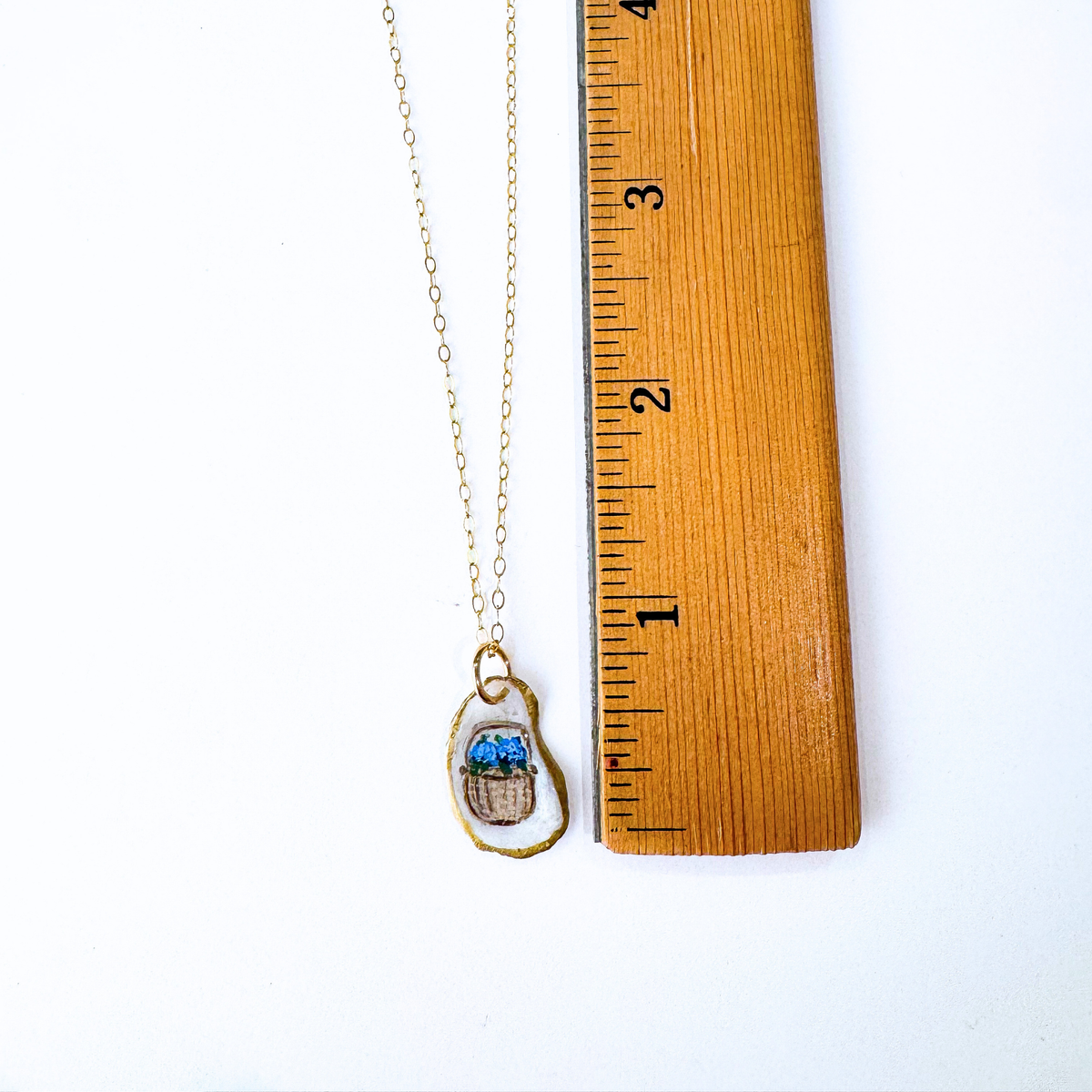 One-of-a-Kind Hand-Painted Oyster Shell Necklace - Nantucket Hydrangea Basket Motif