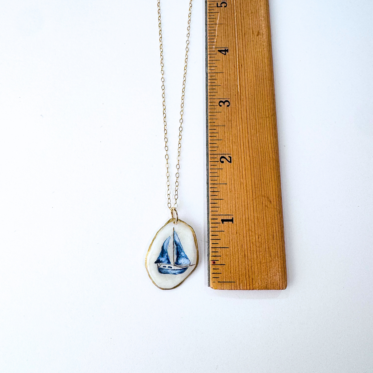 One-of-a-Kind Hand-Painted Oyster Shell Necklace - Sailboat Motif