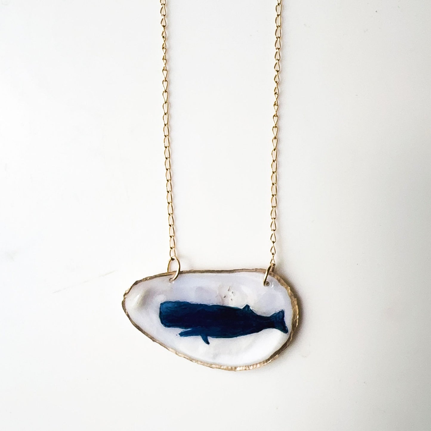 One‑of‑a‑Kind Hand‑Painted Oyster Shell Necklace – Blue Whale Motif