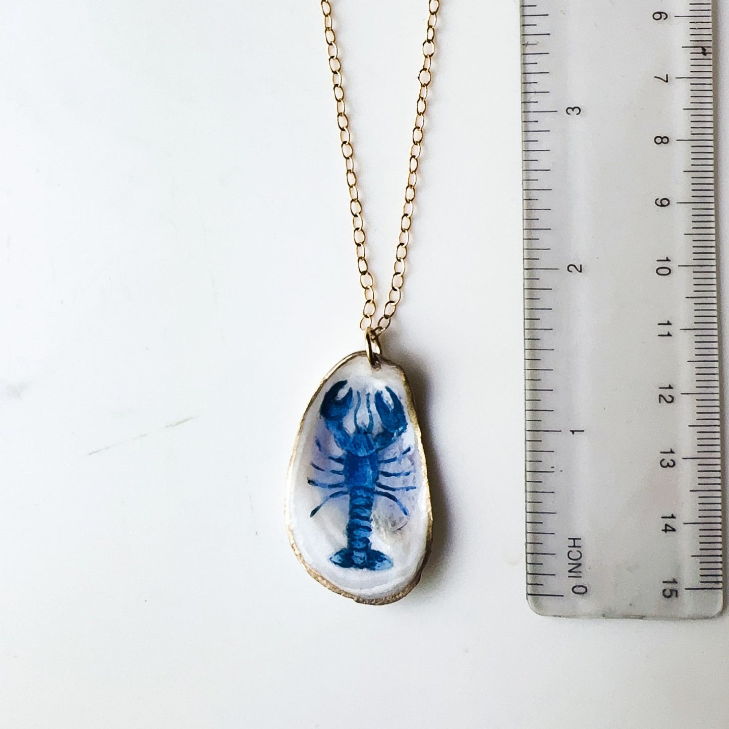 One‑of‑a‑Kind Hand‑Painted Oyster Shell Necklace – Blue Lobster Motif