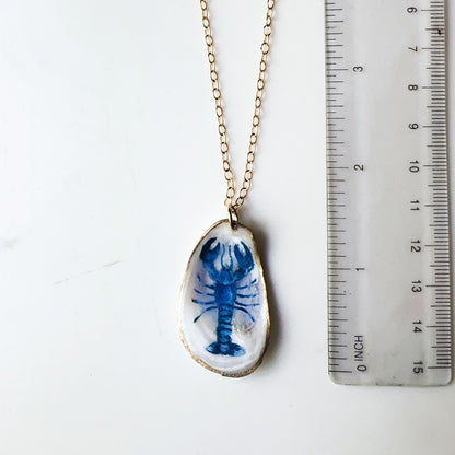 One‑of‑a‑Kind Hand‑Painted Oyster Shell Necklace – Blue Lobster Motif