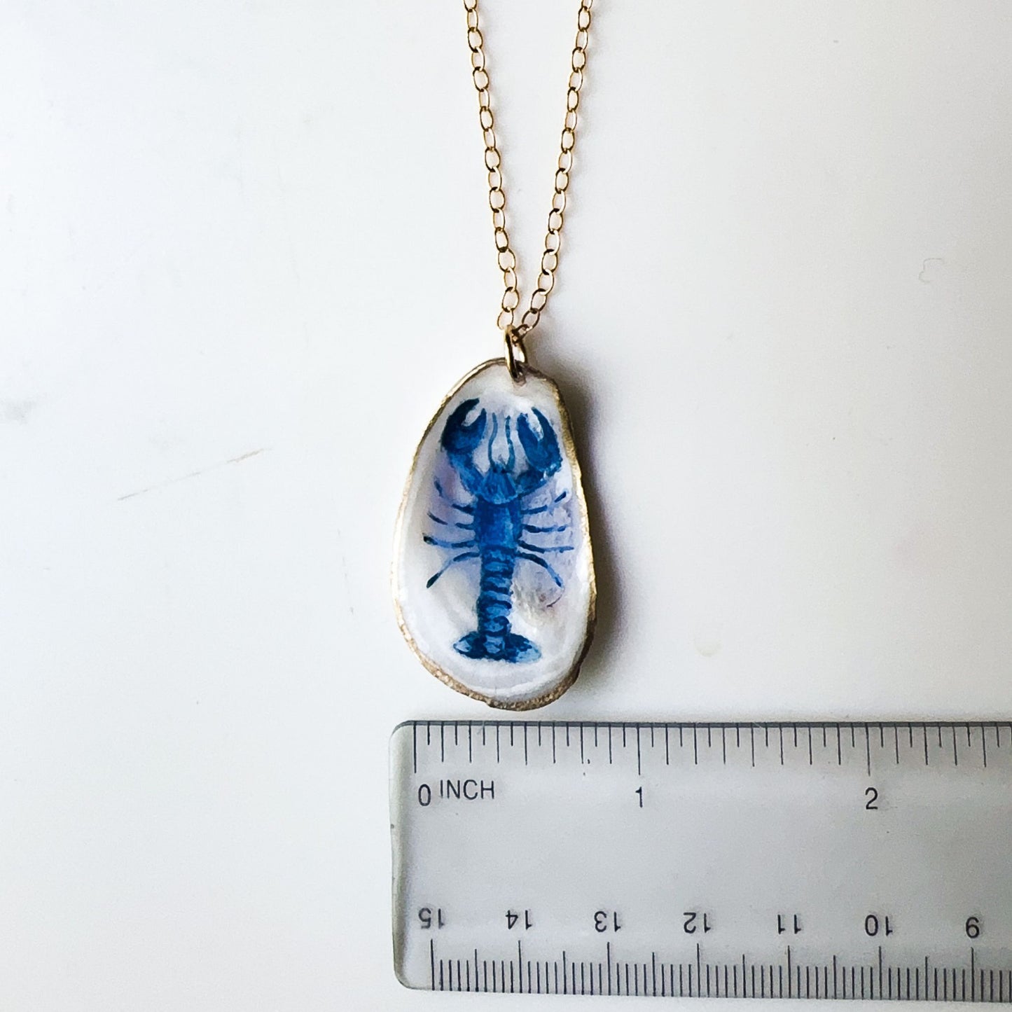 One‑of‑a‑Kind Hand‑Painted Oyster Shell Necklace – Blue Lobster Motif