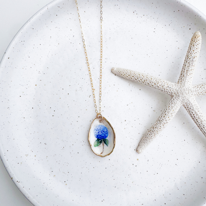 One-of-a-Kind Hand-Painted Oyster Shell Necklace - Hydrangea Motif