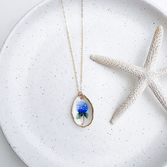 One-of-a-Kind Hand-Painted Oyster Shell Necklace - Hydrangea Motif