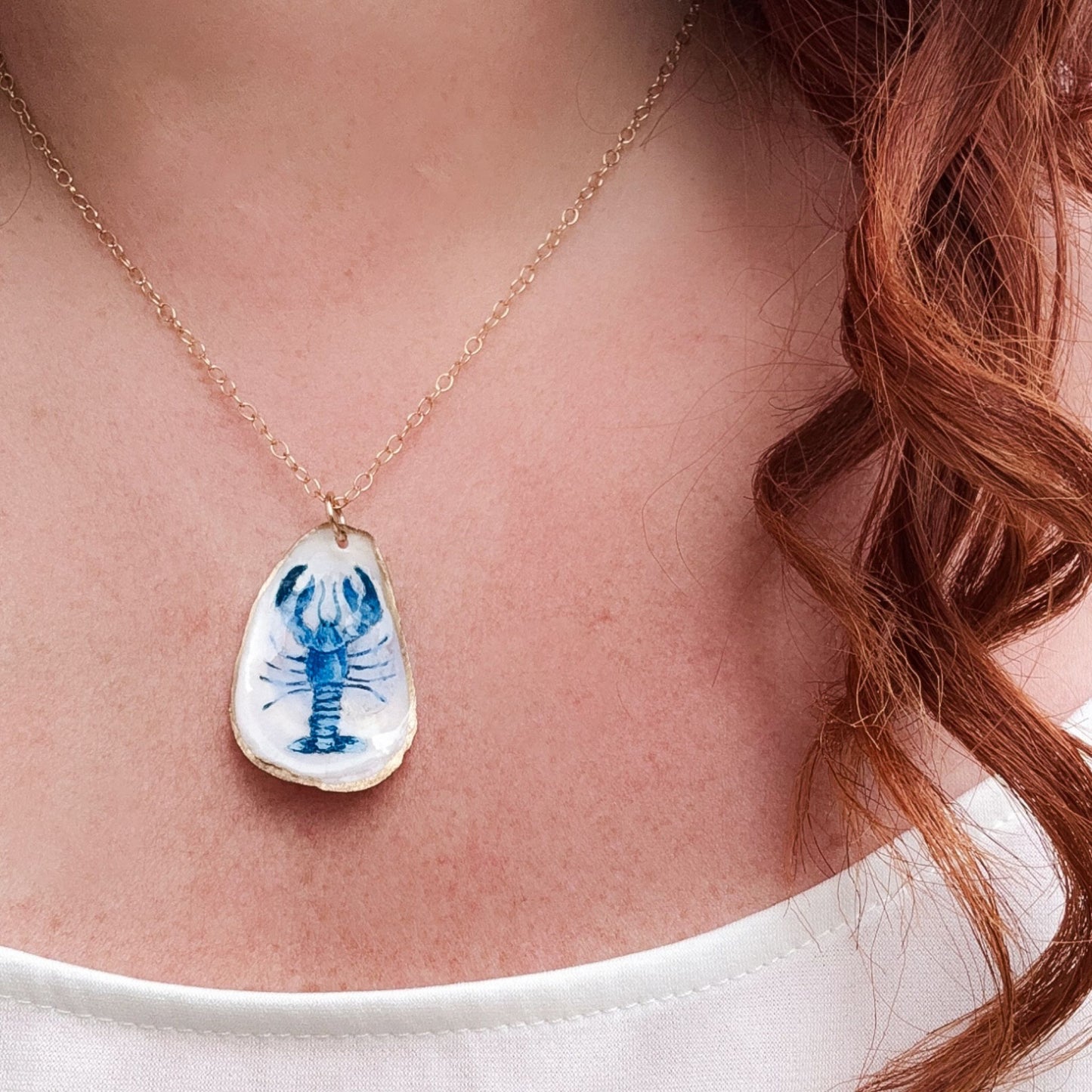 One‑of‑a‑Kind Hand‑Painted Oyster Shell Necklace – Blue Lobster Motif