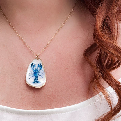One‑of‑a‑Kind Hand‑Painted Oyster Shell Necklace – Blue Lobster Motif