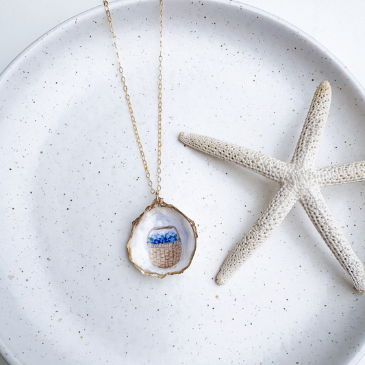 Hand-painted Nantucket basket motif oyster shell necklace with gold-filled chain by Northern Tides Studio