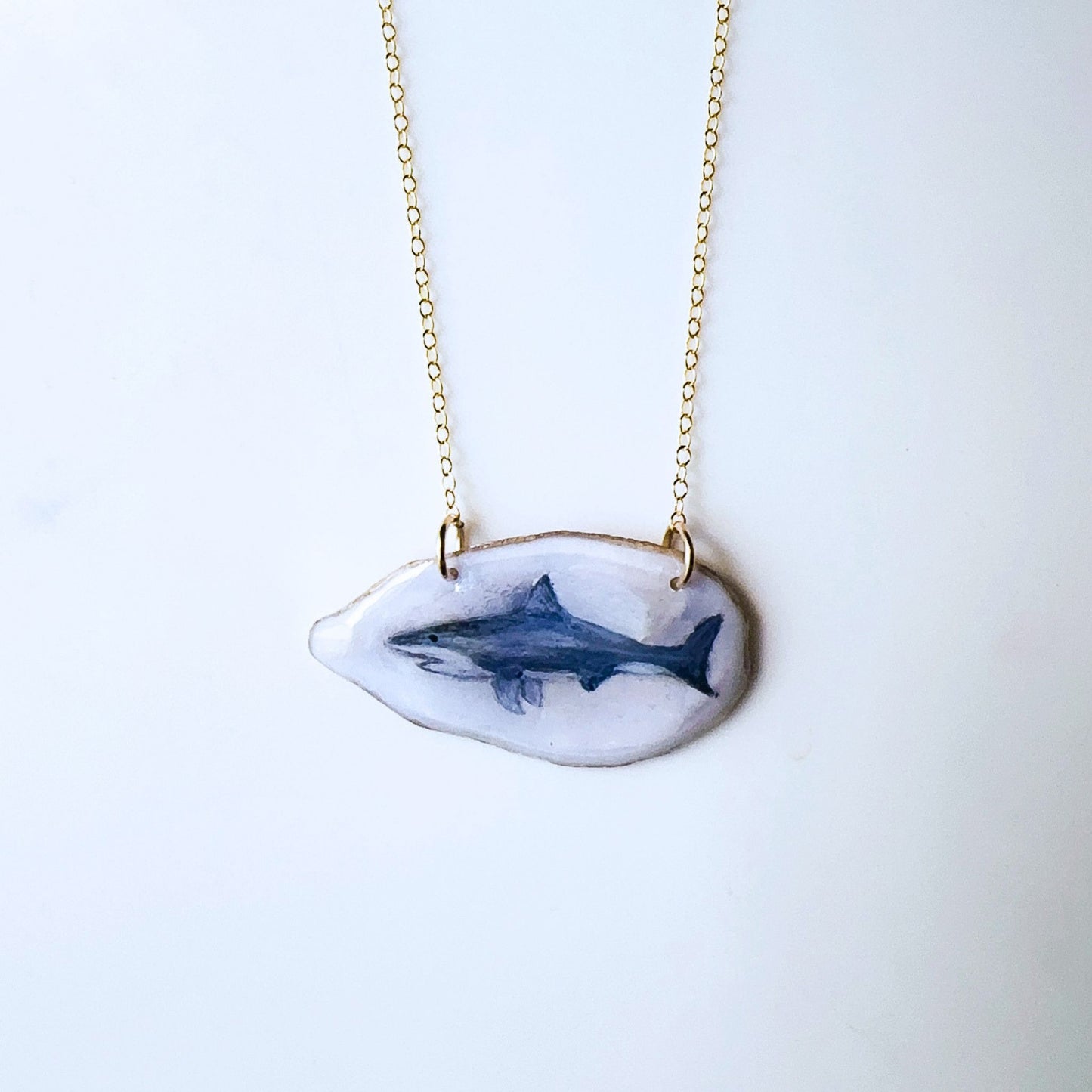 One‑of‑a‑Kind Hand‑Painted Oyster Shell Necklace – Shark Motif