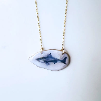 One‑of‑a‑Kind Hand‑Painted Oyster Shell Necklace – Shark Motif