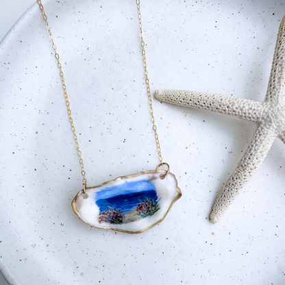 Hand-painted beach roses motif oyster shell necklace with gold-filled chain by Northern Tides Studio