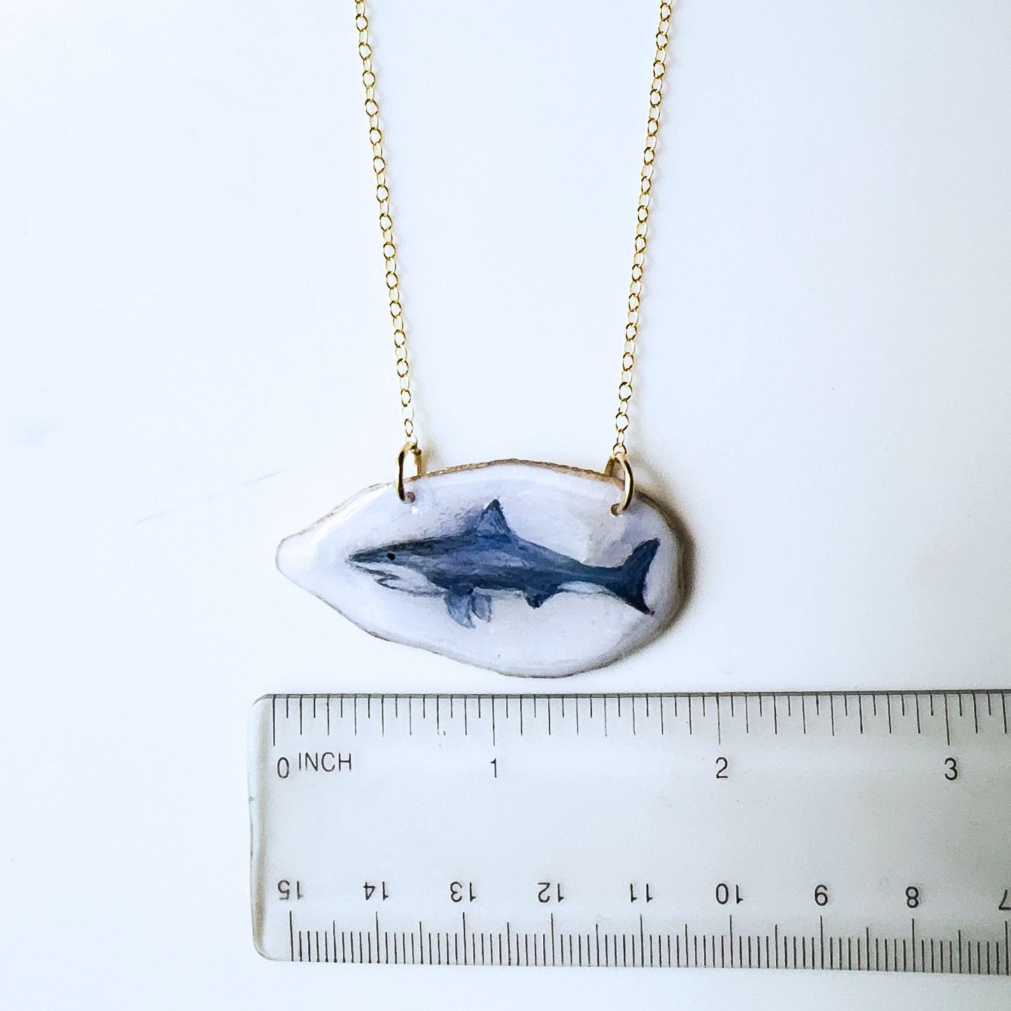 One‑of‑a‑Kind Hand‑Painted Oyster Shell Necklace – Shark Motif