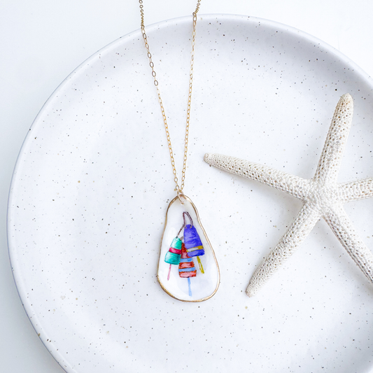 Hand-painted buoy motif oyster shell necklace with gold-filled chain by Northern Tides Studio