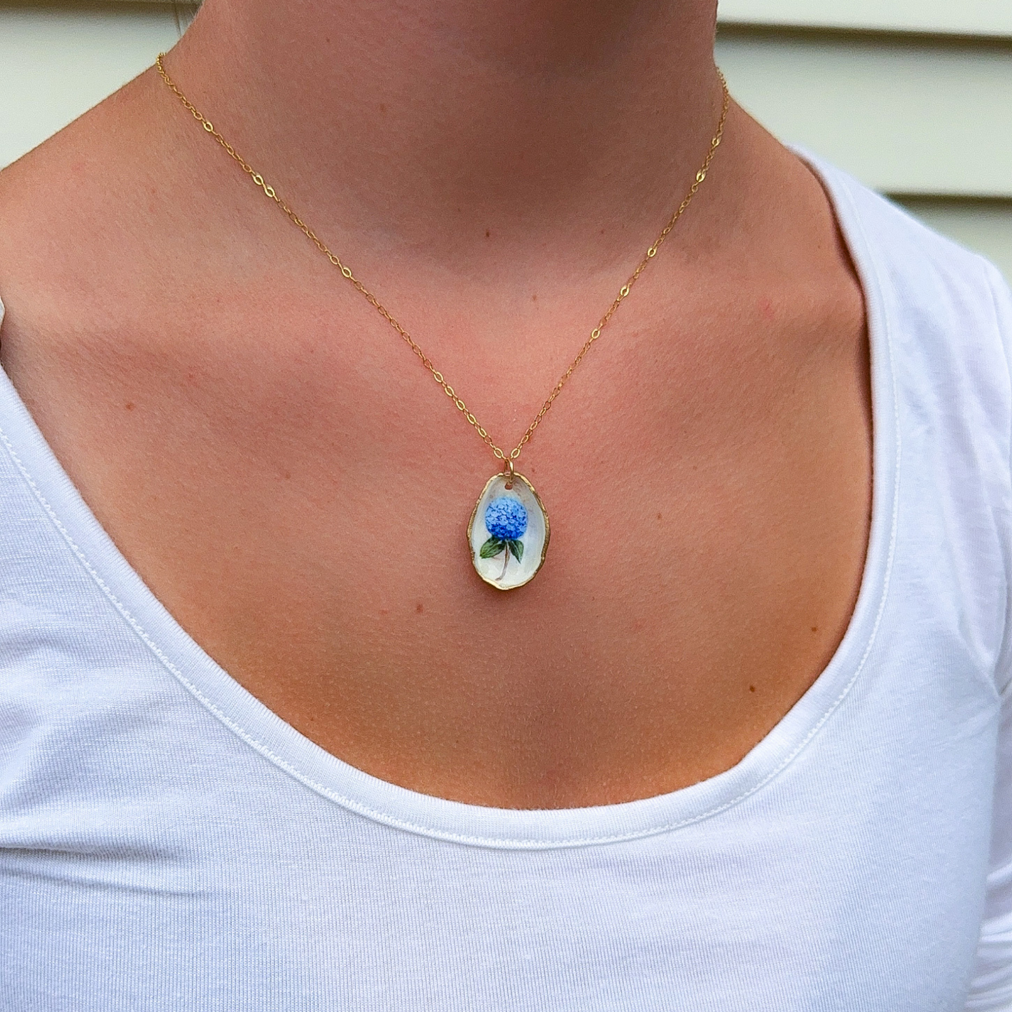 One-of-a-Kind Hand-Painted Oyster Shell Necklace - Hydrangea Motif