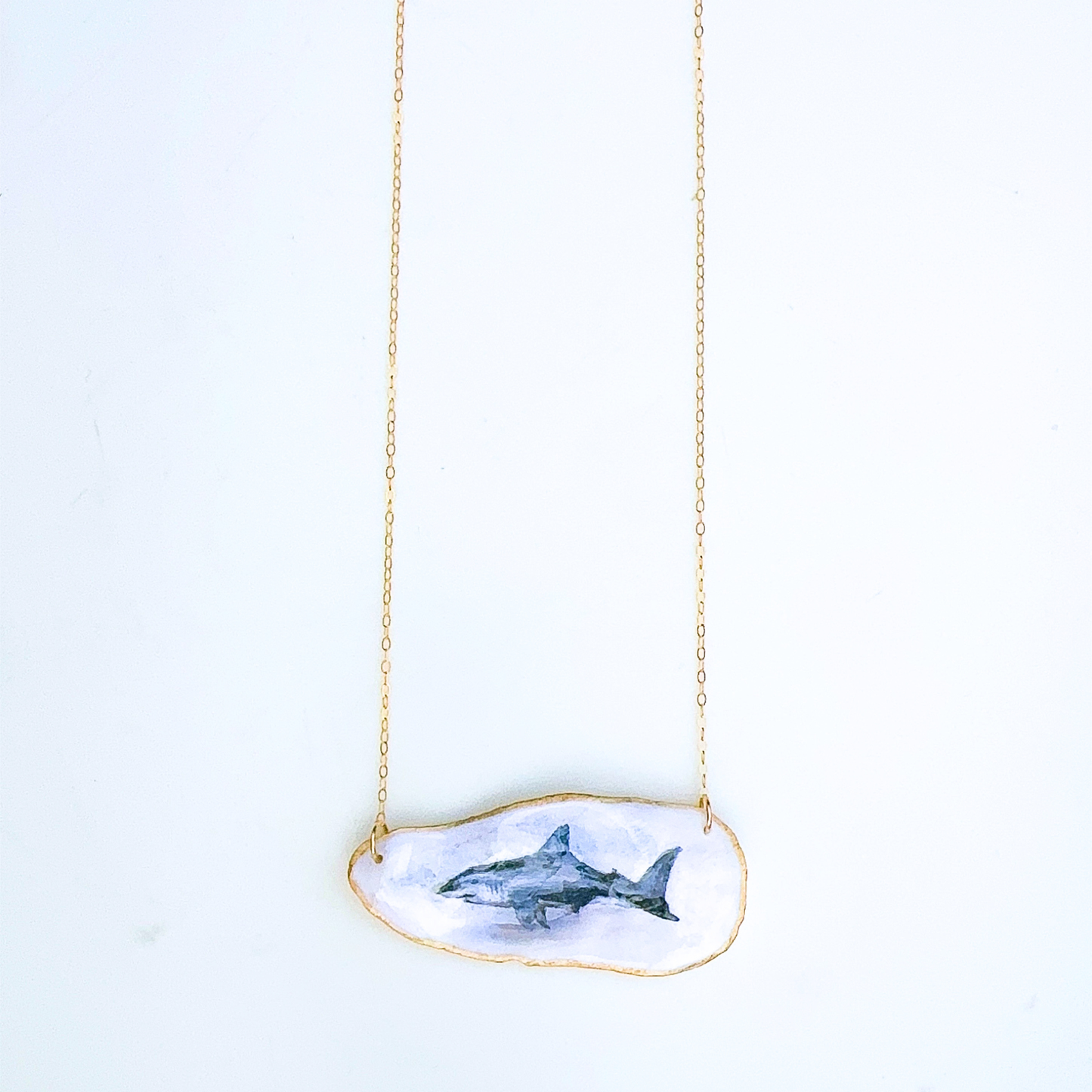 One-of-a-Kind Hand-Painted Oyster Shell Necklace - Shark Motif