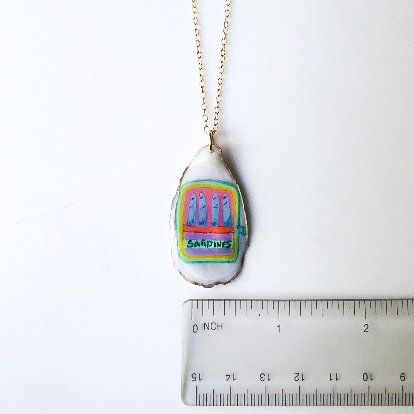 One‑of‑a‑Kind Hand‑Painted Oyster Shell Necklace – Sardines Motif