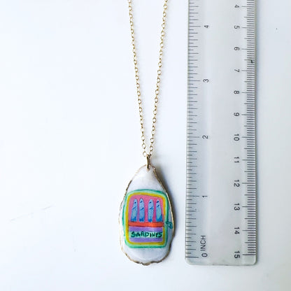 One‑of‑a‑Kind Hand‑Painted Oyster Shell Necklace – Sardines Motif