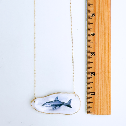 One-of-a-Kind Hand-Painted Oyster Shell Necklace - Shark Motif