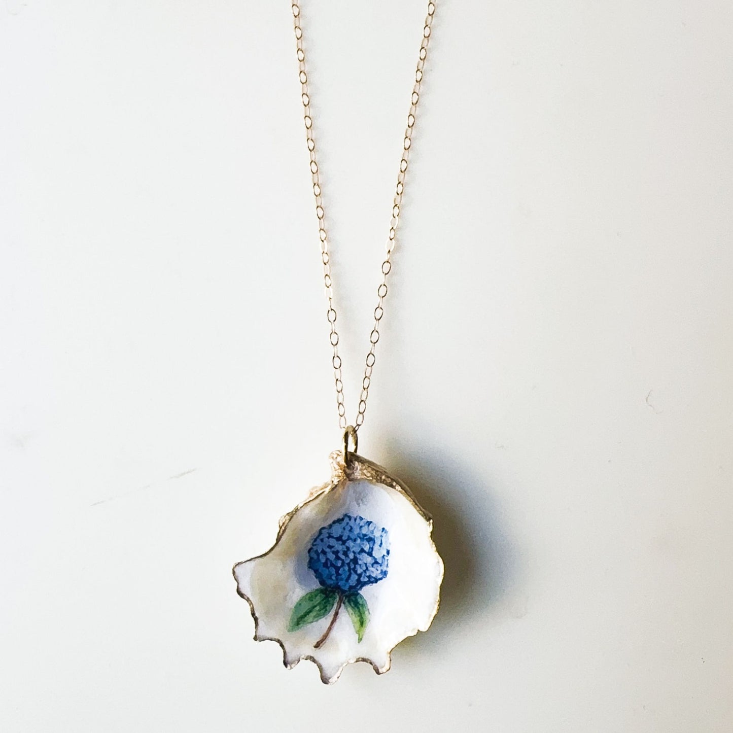 One‑of‑a‑Kind Hand‑Painted Oyster Shell Necklace- Hydrangea Motif