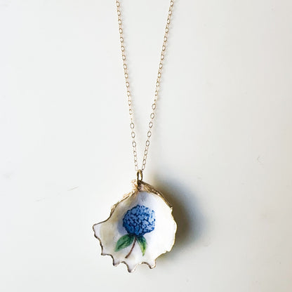 One‑of‑a‑Kind Hand‑Painted Oyster Shell Necklace- Hydrangea Motif