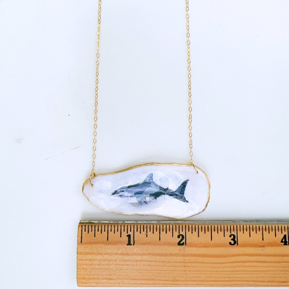 One-of-a-Kind Hand-Painted Oyster Shell Necklace - Shark Motif