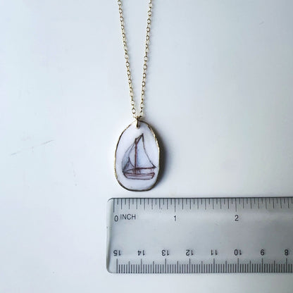 One‑of‑a‑Kind Hand‑Painted Oyster Shell Necklace – Sailboat Motif