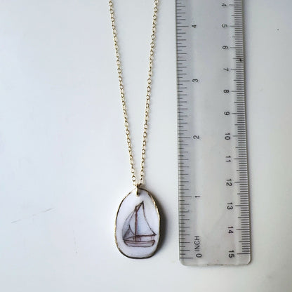 One‑of‑a‑Kind Hand‑Painted Oyster Shell Necklace – Sailboat Motif