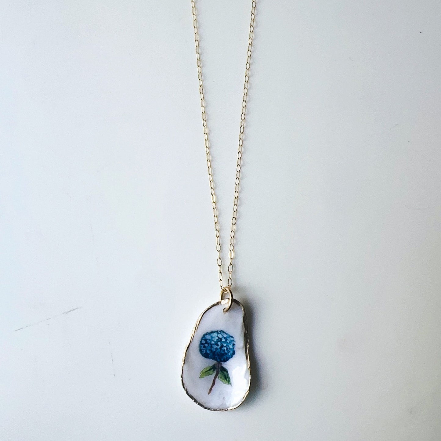 One‑of‑a‑Kind Hand‑Painted Oyster Shell Necklace – Hydrangea Motif