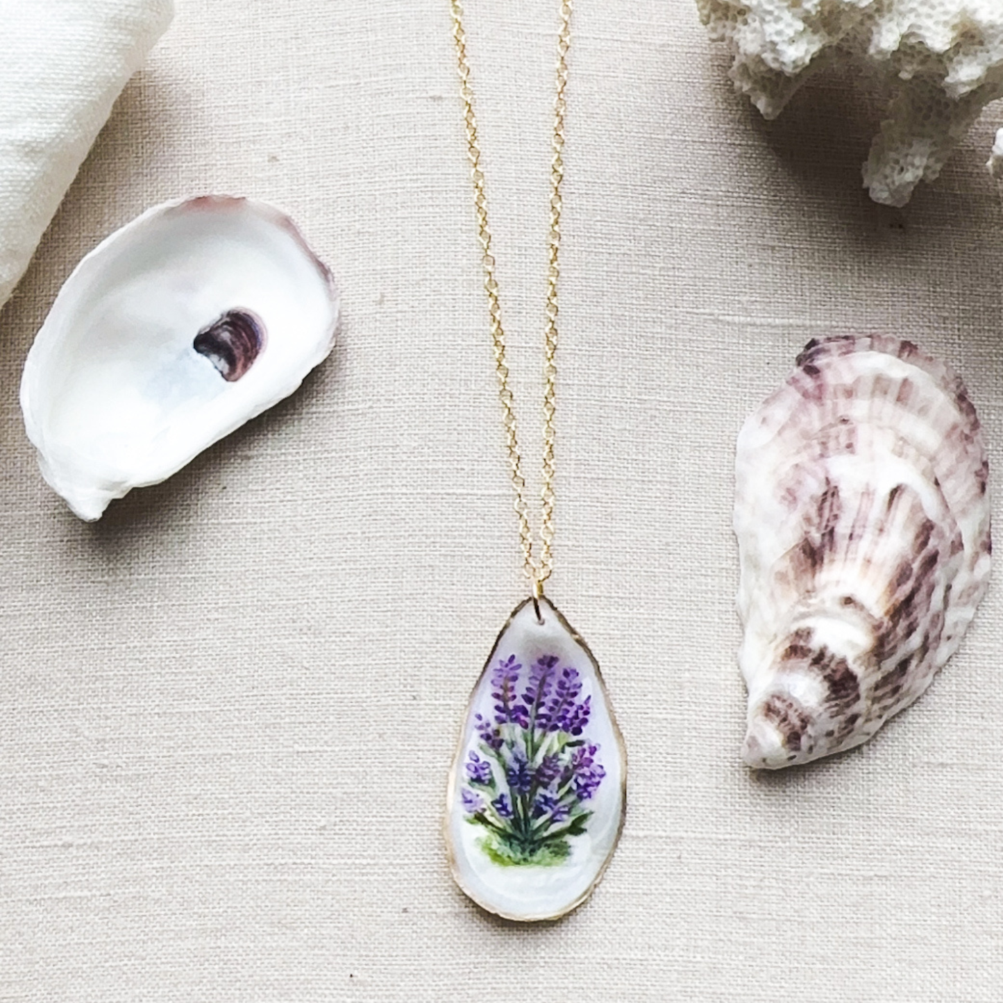 One-of-a-kind hand painted oyster necklace- Lavender motif