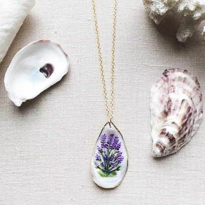 One-of-a-kind hand painted oyster necklace- Lavender motif