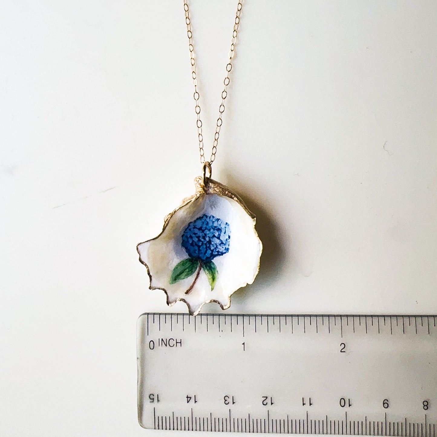 One‑of‑a‑Kind Hand‑Painted Oyster Shell Necklace- Hydrangea Motif