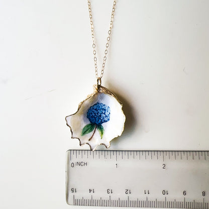 One‑of‑a‑Kind Hand‑Painted Oyster Shell Necklace- Hydrangea Motif