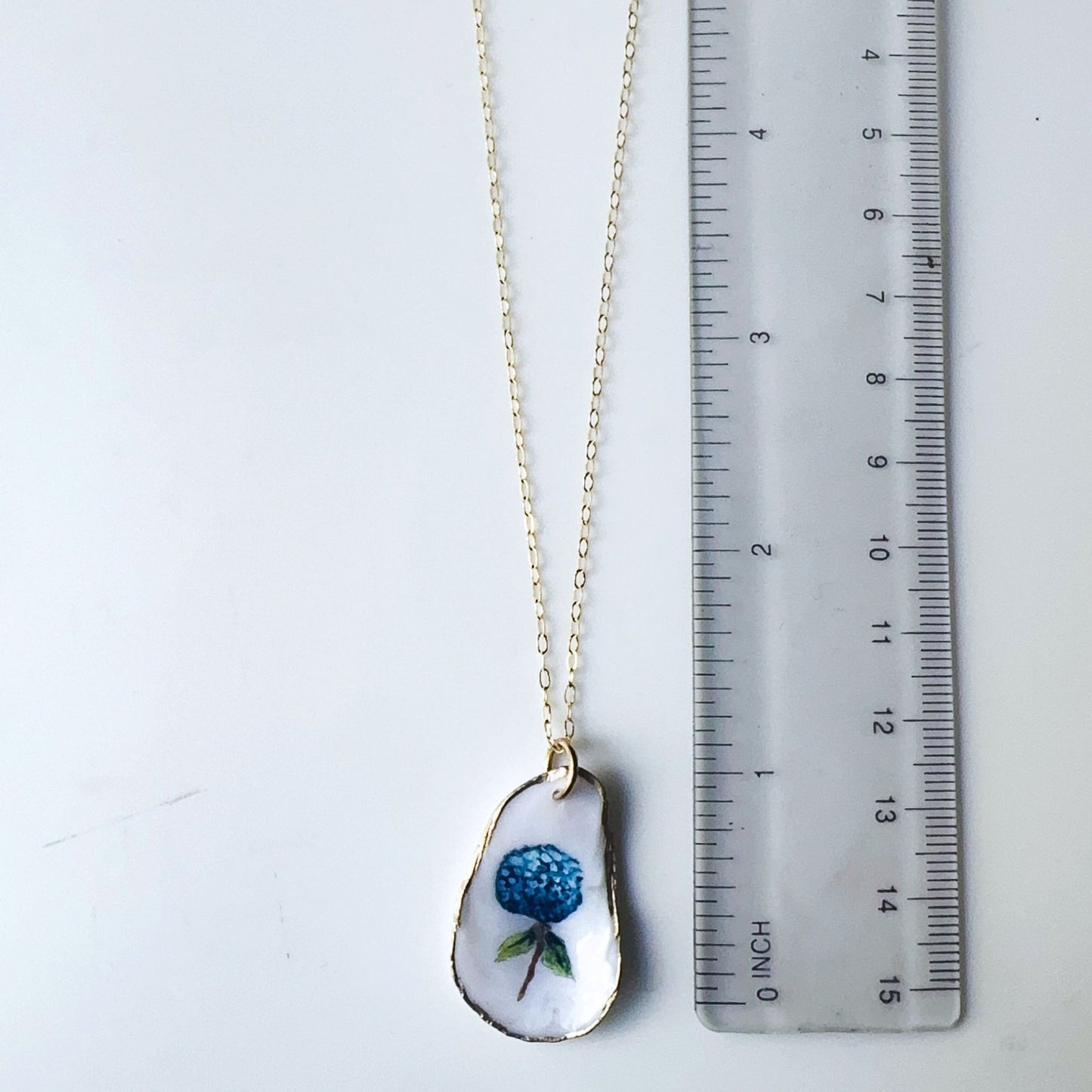 One‑of‑a‑Kind Hand‑Painted Oyster Shell Necklace – Hydrangea Motif