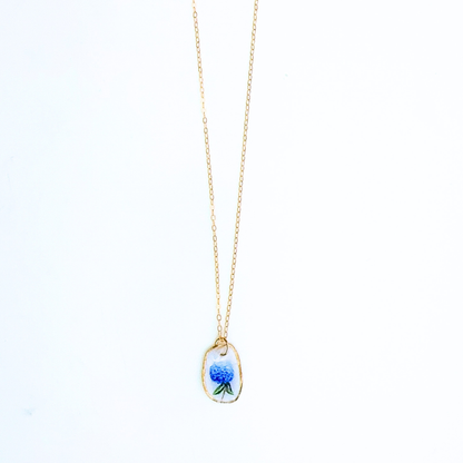 One-of-a-Kind Hand-Painted Oyster Shell Necklace - Hydrangea Motif