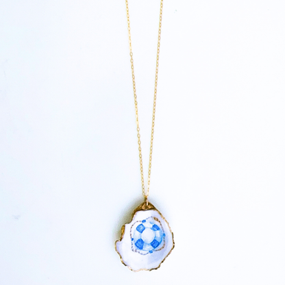 One-of-a-Kind Hand-Painted Oyster Shell Necklace - Life Preserver Motif