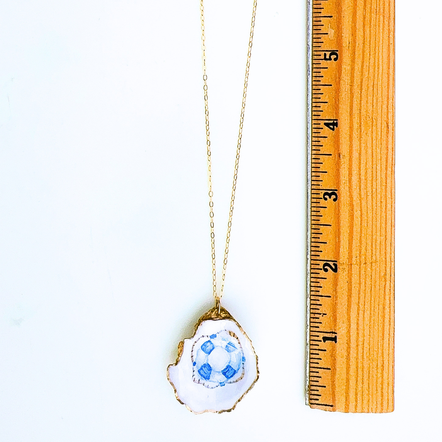 One-of-a-Kind Hand-Painted Oyster Shell Necklace - Life Preserver Motif