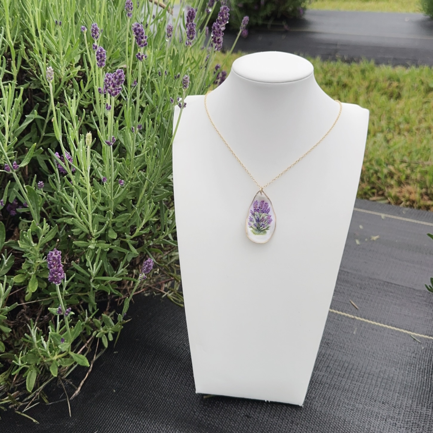 One-of-a-kind hand painted oyster necklace- Lavender motif