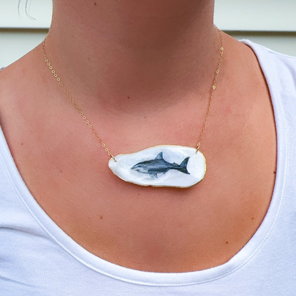 One-of-a-Kind Hand-Painted Oyster Shell Necklace - Shark Motif