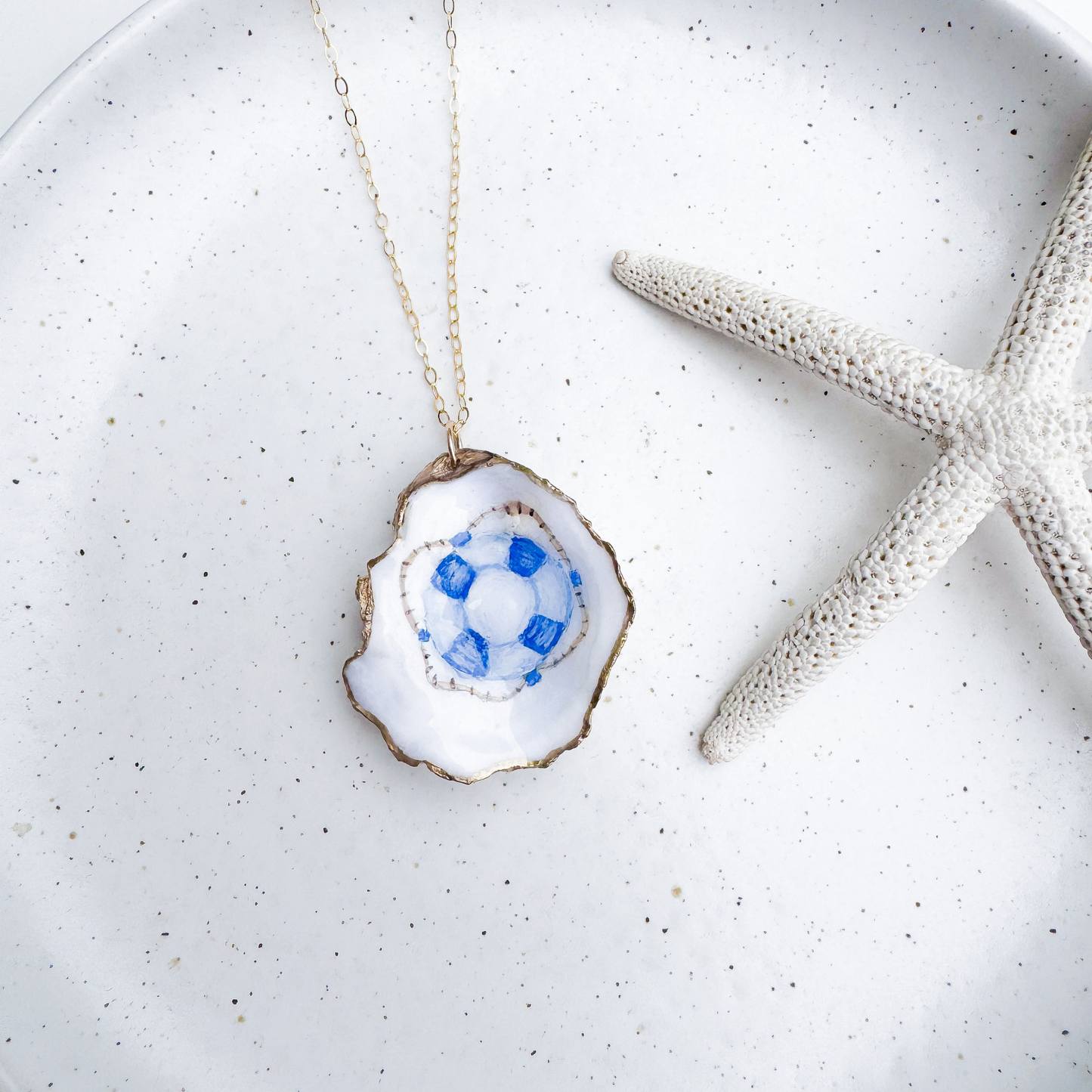 One-of-a-Kind Hand-Painted Oyster Shell Necklace - Life Preserver Motif