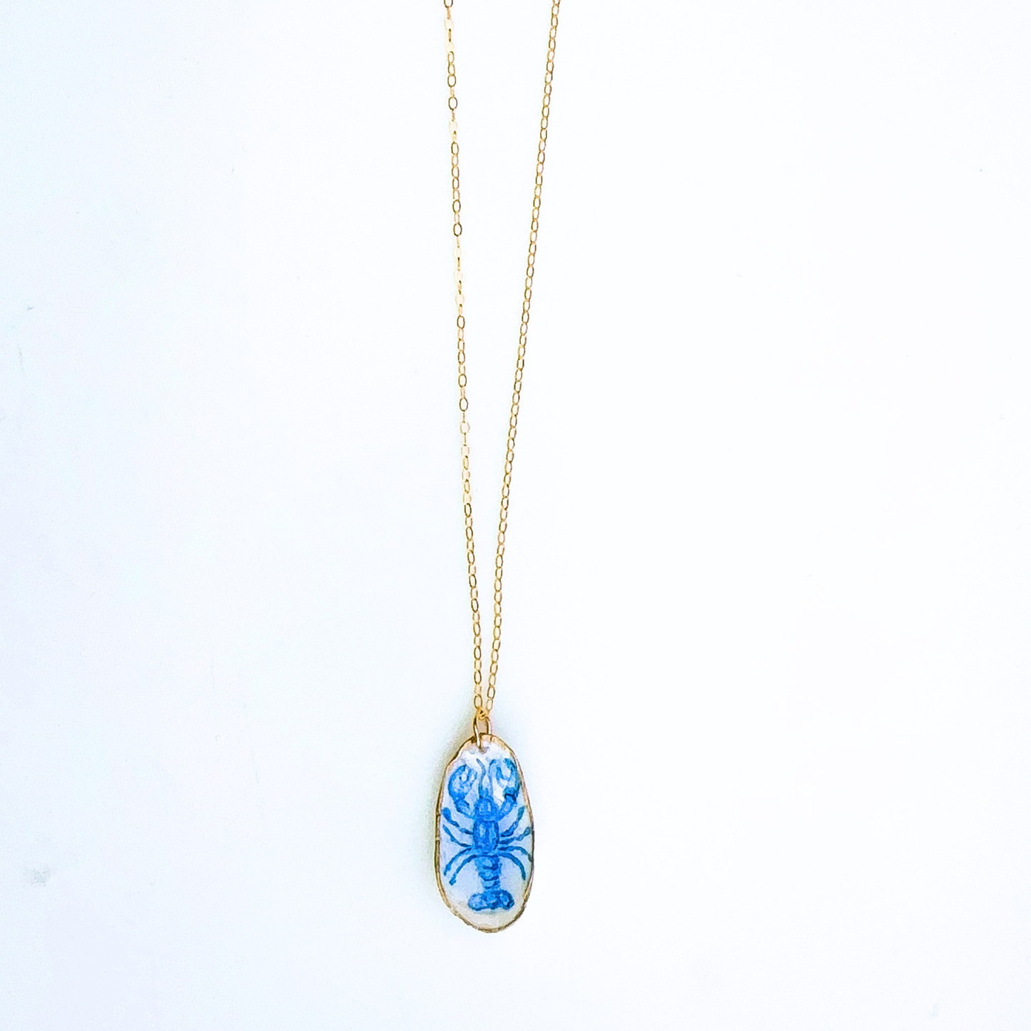 One-of-a-Kind Hand-Painted Oyster Shell Necklace - Blue Lobster Motif