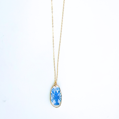 One-of-a-Kind Hand-Painted Oyster Shell Necklace - Blue Lobster Motif