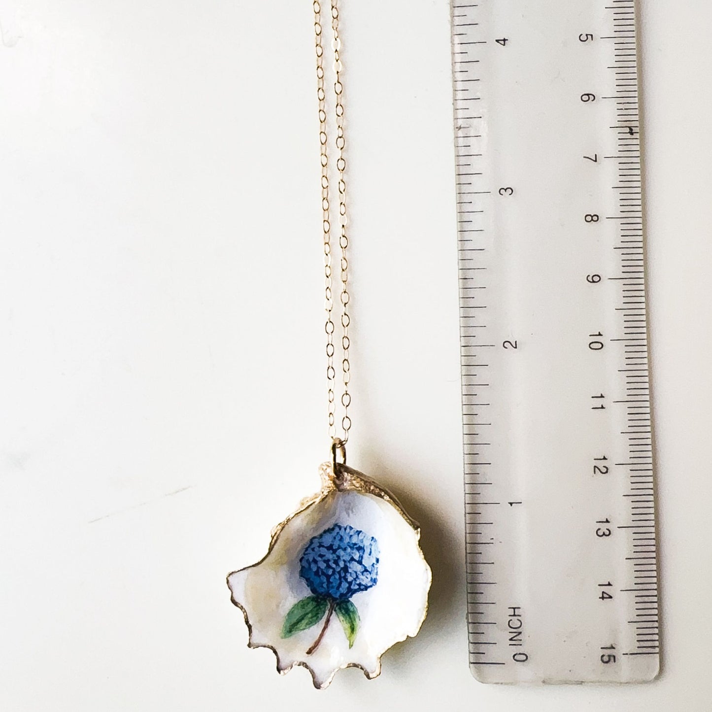 One‑of‑a‑Kind Hand‑Painted Oyster Shell Necklace- Hydrangea Motif