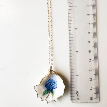 One‑of‑a‑Kind Hand‑Painted Oyster Shell Necklace- Hydrangea Motif