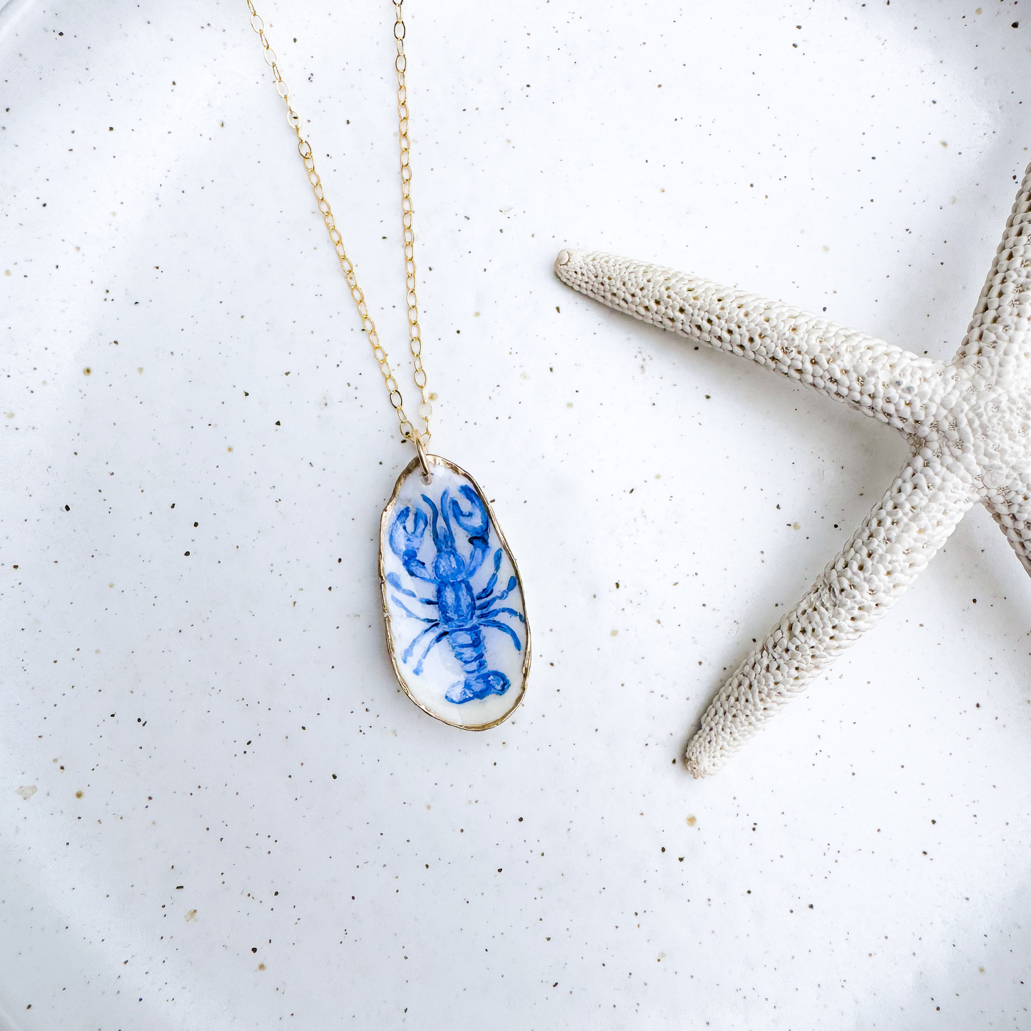 One-of-a-Kind Hand-Painted Oyster Shell Necklace - Blue Lobster Motif