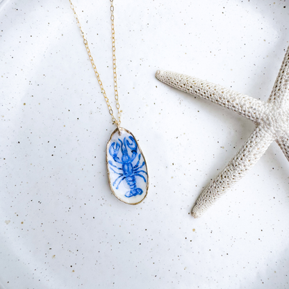 One-of-a-Kind Hand-Painted Oyster Shell Necklace - Blue Lobster Motif