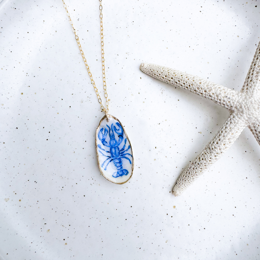 One-of-a-Kind Hand-Painted Oyster Shell Necklace - Blue Lobster Motif