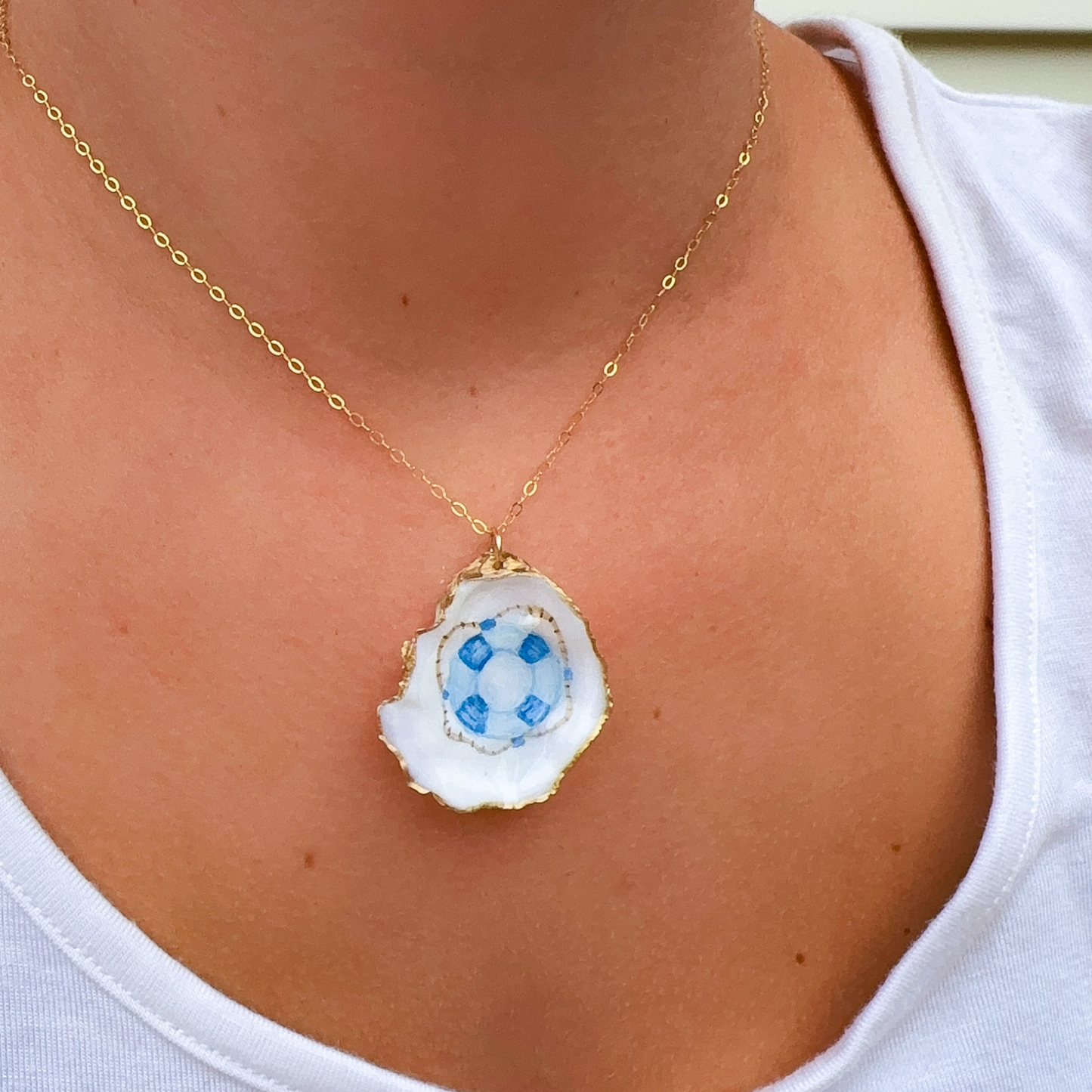 One-of-a-Kind Hand-Painted Oyster Shell Necklace - Life Preserver Motif